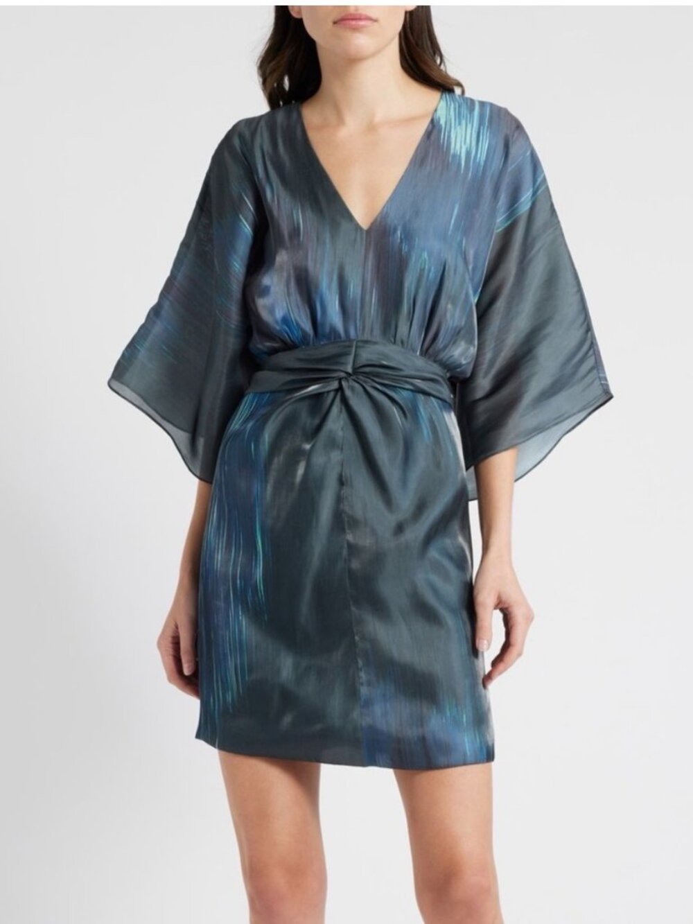 Ciebon Bell Print Mini Dress Size Large 3/4 Dolman Sleeves V-Neck Gathered Waist
